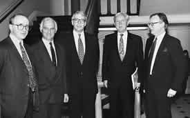 Gummer, Houghton, Major, Tickell and Selbourne at the launch of the Government Panel on Sustainable Development in 1994.